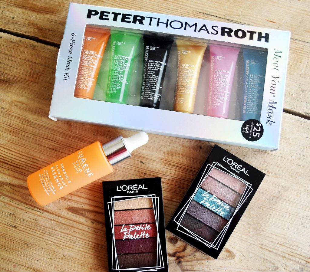 minipaletter från L'Oréal Paris mask kit Peter Thomas Roth och Lumene Valo Glow Boost Essence