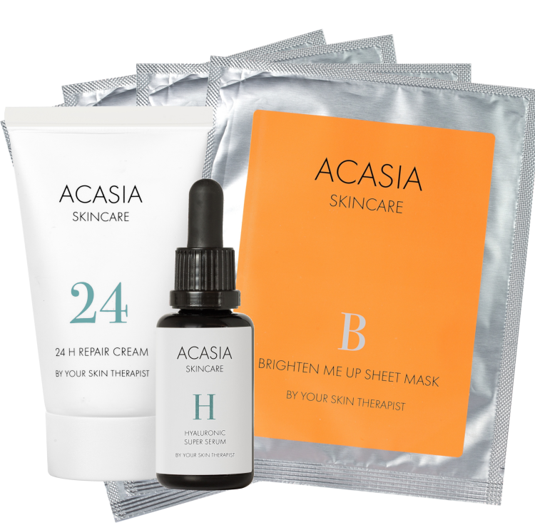 Acasia Skincare 24 H Rrepair Cream + Hyaluronic Super Serum + Brighten Me Up Sheet Mask